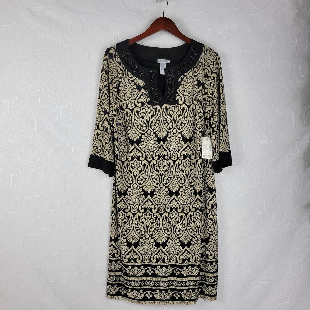 Catherine's Womens Dress Size 0X Black‎ Tan Paisley Print Beaded 3/4 Sleeve NEW